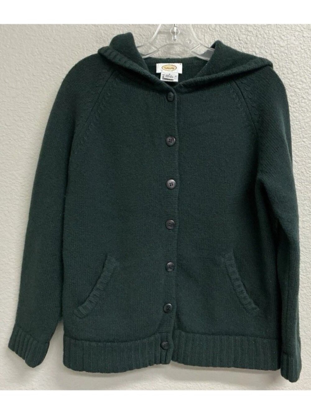 Talbots Womens Green 100% Lambswool Hooded Button Front Cardigan Sweater Small